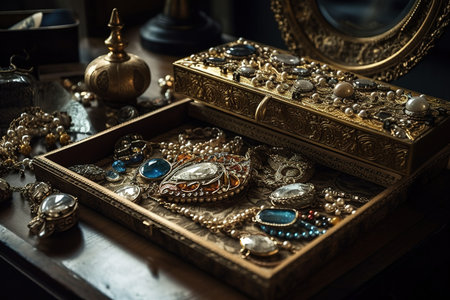 Jewelry box with precious stones. Jewelry and fashion concept.の素材