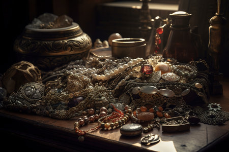 Still life with antique jewelry and precious stones. Vintage style. Selective focus.の素材