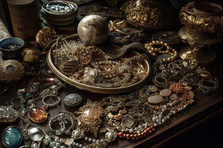 Jewelry and accessories on the table. Antique jewelry.の素材