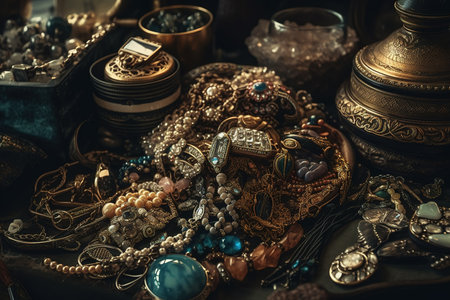jewelry and bijouterie on the table in the storeの素材