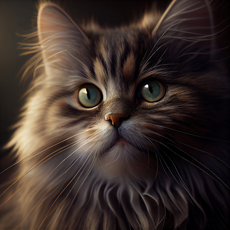 Portrait of a long-haired cat on a dark background.の素材