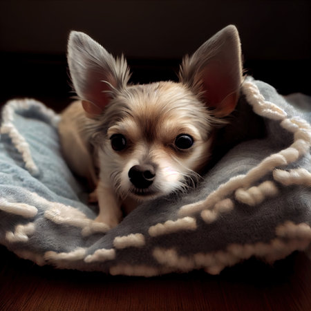 Cute little chihuahua puppy on a soft blanket.の素材