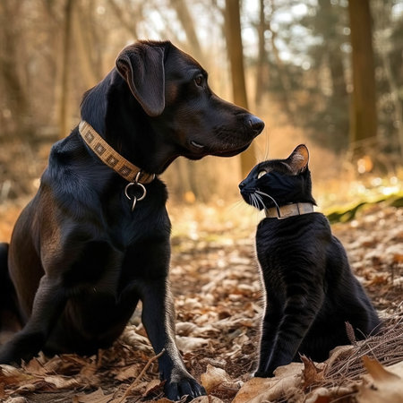 Black Labrador Retriever and cat sitting together in the autumn forestの素材