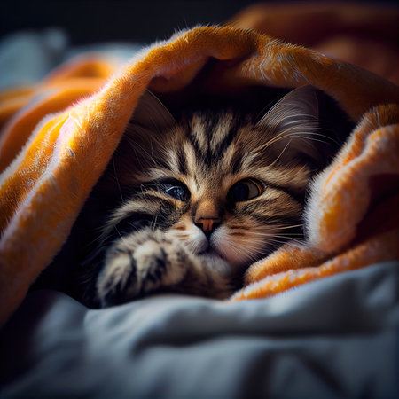Cute siberian kitten is hiding under a blanket. Toned.の素材
