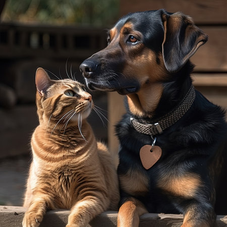 A dog and a cat are sitting together on a wooden fence.の素材
