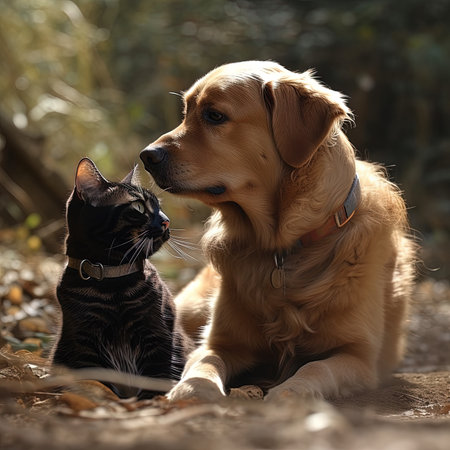 Labrador Retriever and black cat in the autumn park.の素材