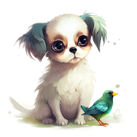 Little chihuahua with a green bird. Vector illustration.の素材