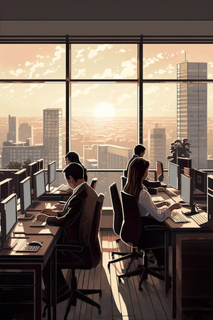 Business people working in modern office with panoramic window and city viewの素材