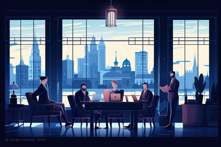 Businessmen in office meeting room with panoramic view of city skyscrapers, vector illustrationの素材