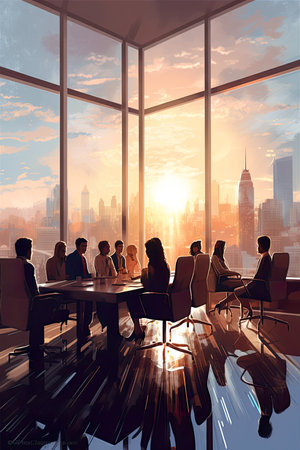 Business people in meeting room with city view. 3D Renderingの素材