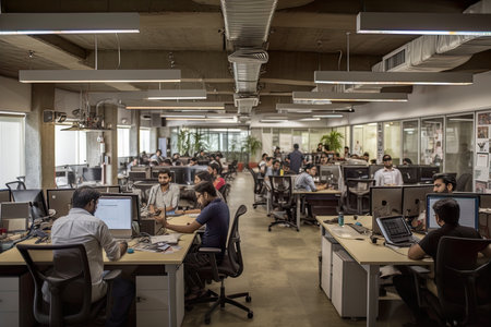 Group of business people working and communicating together in a modern office.の素材
