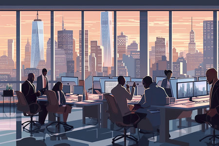 Group of business people working in office at sunset. Vector illustration.の素材
