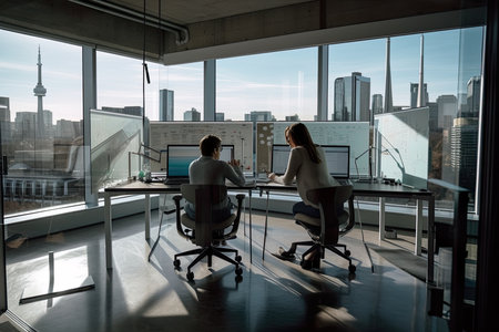 Two young businesspeople working together in modern office with panoramic city viewの素材