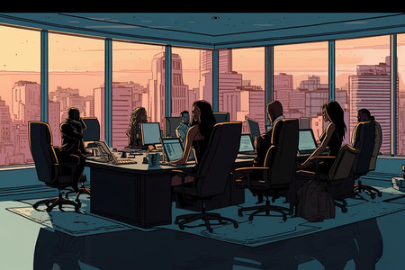 Illustration of business people working in a modern office with city viewの素材