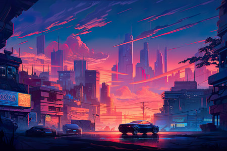 Dramatic cityscape at sunset with skyscrapers and carsの素材