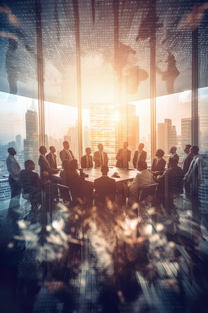 Business People Meeting Conference Discussion Cityscape Concept. Toned image double exposureの素材