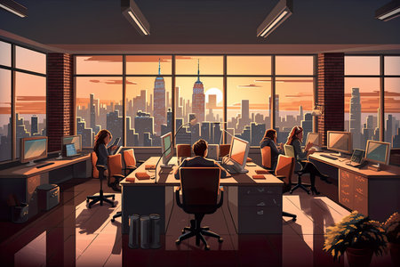 Office interior with panoramic window and city view, vector illustrationの素材