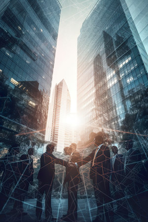 Business people working together in modern city. Teamwork concept. Double exposureの素材