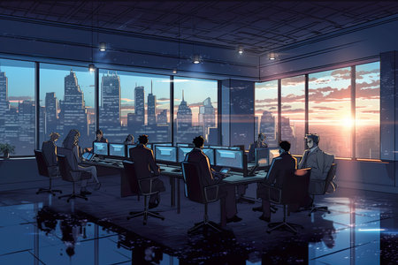Silhouettes of business people in modern conference room with panoramic city view, 3D renderingの素材