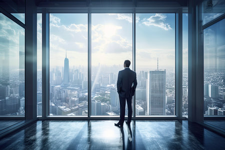Back view of businessman looking at skyscrapers through window in officeの素材