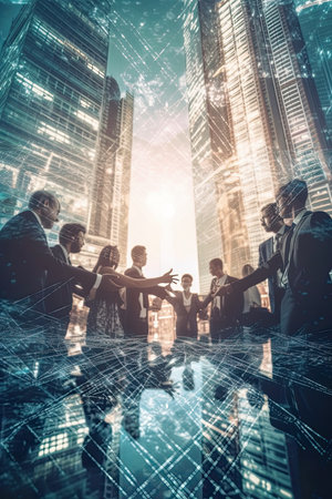 Business people working together on city background with double exposure of network hologram. Concept of partnership and teamwork. Toned imageの素材