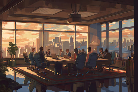 Business people in a meeting room with city view, 3D renderingの素材