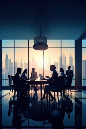 Silhouette of business people working in modern meeting room with city viewの素材