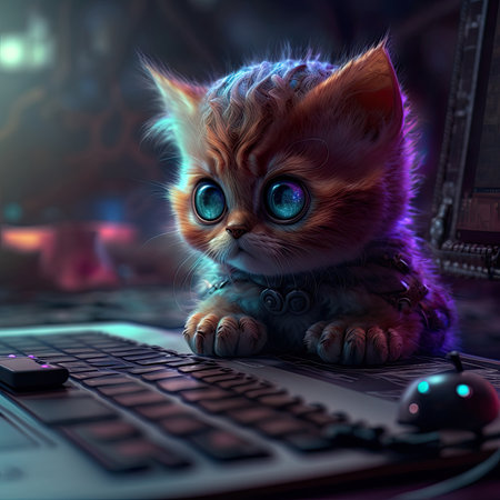 Cute little kitten sitting on a computer keyboard with a mouse.の素材