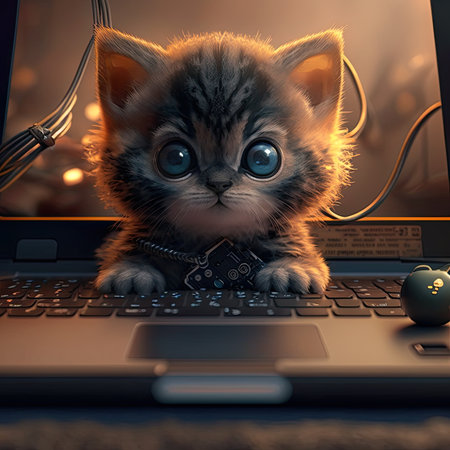 Cute little kitten with blue eyes is sitting on a laptop keyboard.の素材
