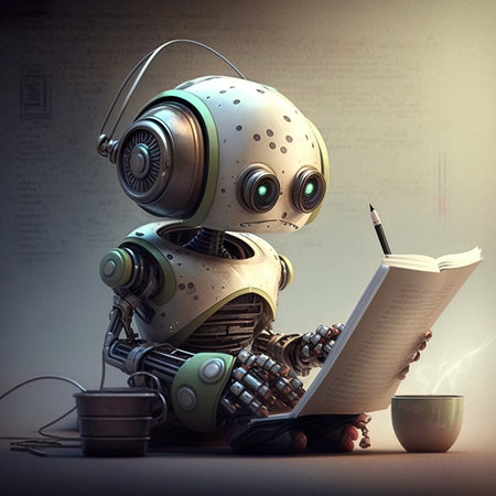 Robot reading a book. 3d illustration. Technology concept.の素材