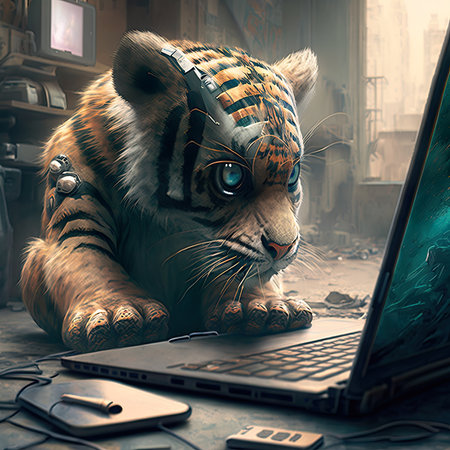 Tiger with a laptop in the office. 3d illustration.の素材