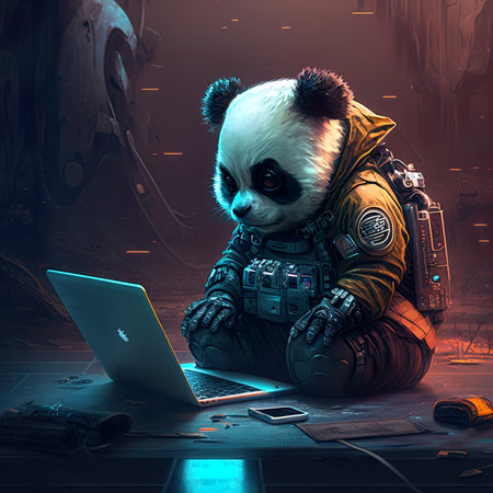 A panda in a spacesuit sits on the floor with a laptop.の素材