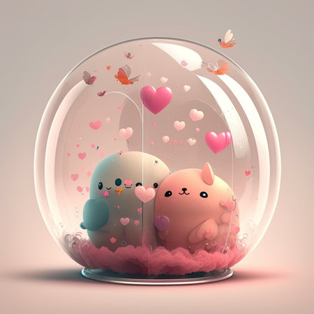 Valentine's Day background with love birds in a glass ballの素材