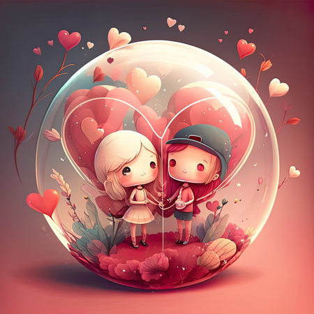 Valentine's day background with cute little girl and boy in glass ballの素材