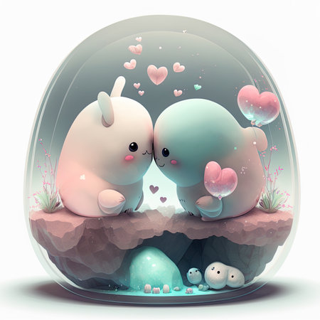 Couple of cute animals in a glass aquarium with hearts. Vector illustration.の素材