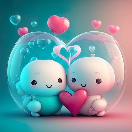 Couple of cute little penguins holding a heart in a glass sphereの素材