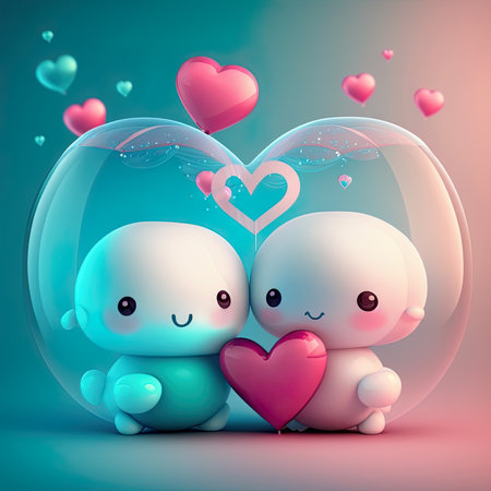 Couple of baby penguins in a bubble with hearts on a blue backgroundの素材