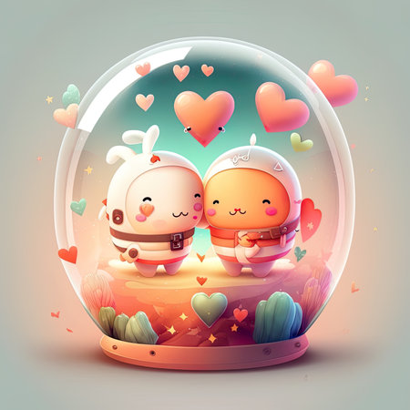 Cute cartoon couple in love in a snow globe. Vector illustration.の素材