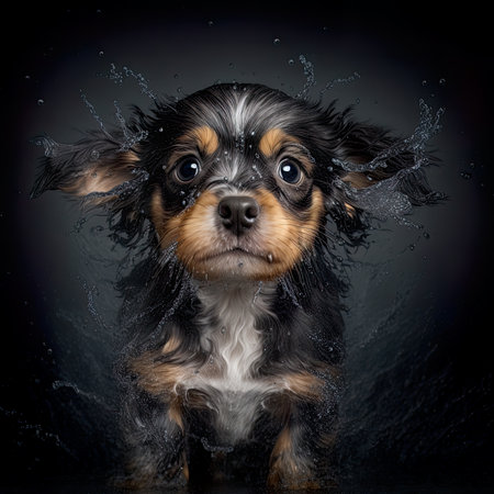 Cavalier King Charles Spaniel puppy splashing water on black backgroundの素材