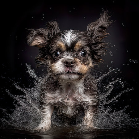 Cute little dog splashing water on a black background, studio shotの素材