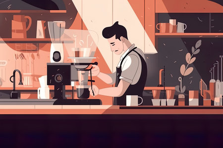 The picture employs a flat design style, utilizing simple shapes and colors with no shading or depth. In the center, a skilled and focused barista can be seen preparing a pour-over coffee with great care and precisionのイラスト素材