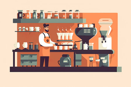 The picture employs a flat design style, utilizing simple shapes and colors with no shading or depth. In the center, a skilled and focused barista can be seen preparing a pour-over coffee with great care and precisionのイラスト素材