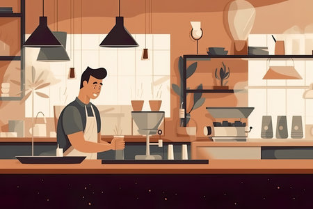 The picture employs a flat design style, utilizing simple shapes and colors with no shading or depth. In the center, a skilled and focused barista can be seen preparing a pour-over coffee with great care and precisionのイラスト素材