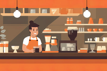 The picture employs a flat design style, utilizing simple shapes and colors with no shading or depth. In the center, a skilled and focused barista can be seen preparing a pour-over coffee with great care and precisionのイラスト素材