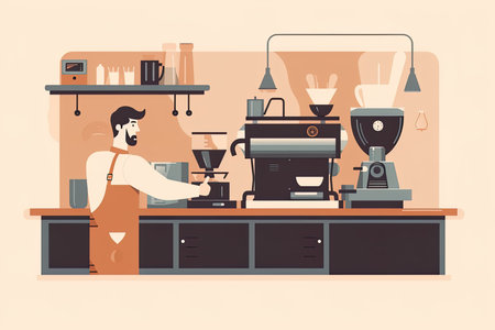 The picture employs a flat design style, utilizing simple shapes and colors with no shading or depth. In the center, a skilled and focused barista can be seen preparing a pour-over coffee with great care and precisionのイラスト素材