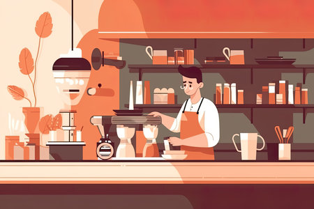 The picture employs a flat design style, utilizing simple shapes and colors with no shading or depth. In the center, a skilled and focused barista can be seen preparing a pour-over coffee with great care and precisionのイラスト素材