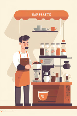 The picture employs a flat design style, utilizing simple shapes and colors with no shading or depth. In the center, a skilled and focused barista can be seen preparing a pour-over coffee with great care and precisionのイラスト素材