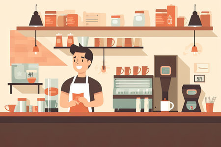 The picture employs a flat design style, utilizing simple shapes and colors with no shading or depth. In the center, a skilled and focused barista can be seen preparing a pour-over coffee with great care and precisionのイラスト素材