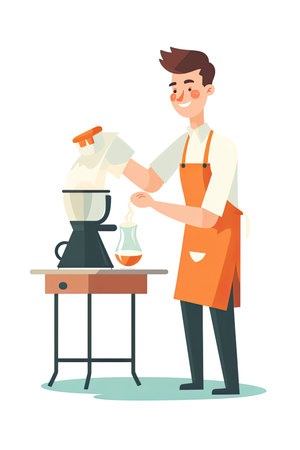 The picture employs a flat design style, utilizing simple shapes and colors with no shading or depth. In the center, a skilled and focused barista can be seen preparing a pour-over coffee with great care and precisionのイラスト素材