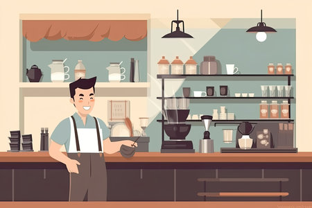 The picture employs a flat design style, utilizing simple shapes and colors with no shading or depth. In the center, a skilled and focused barista can be seen preparing a pour-over coffee with great care and precisionのイラスト素材